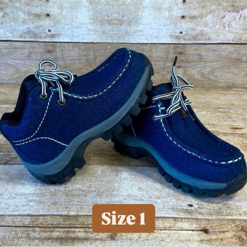 Redhawk Kids Blue Denim Moc Toe Lace Up Boots Rugged Lug Sole‎ Size 1
